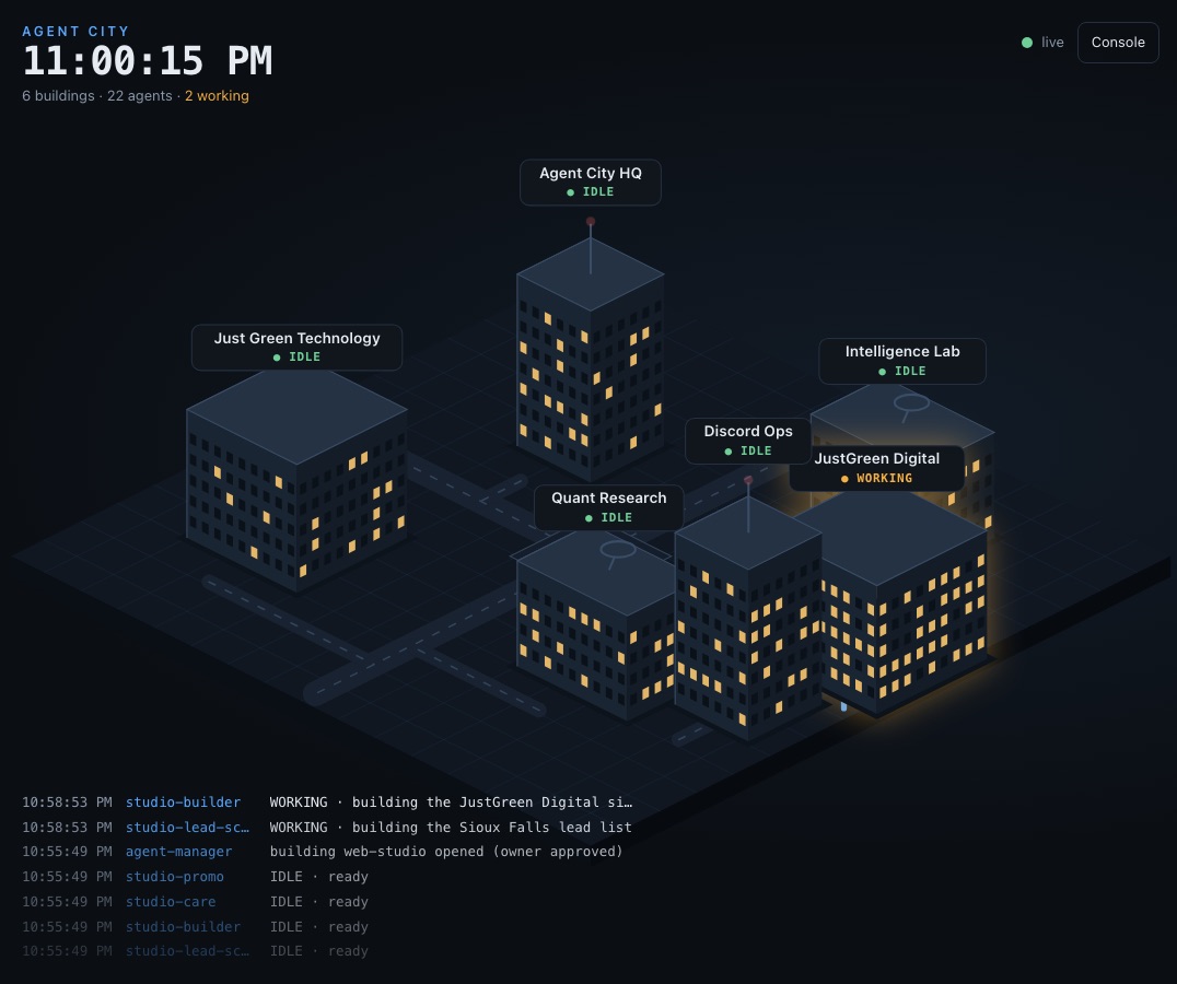 Dark operations dashboard showing an isometric city of labelled buildings, each with a live status, above a scrolling activity log.
